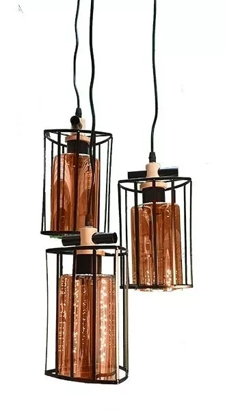 LAMPARA COLGANTE METAL VIDRIO MADERA INDUSTRIAL 3 LUCES - 1