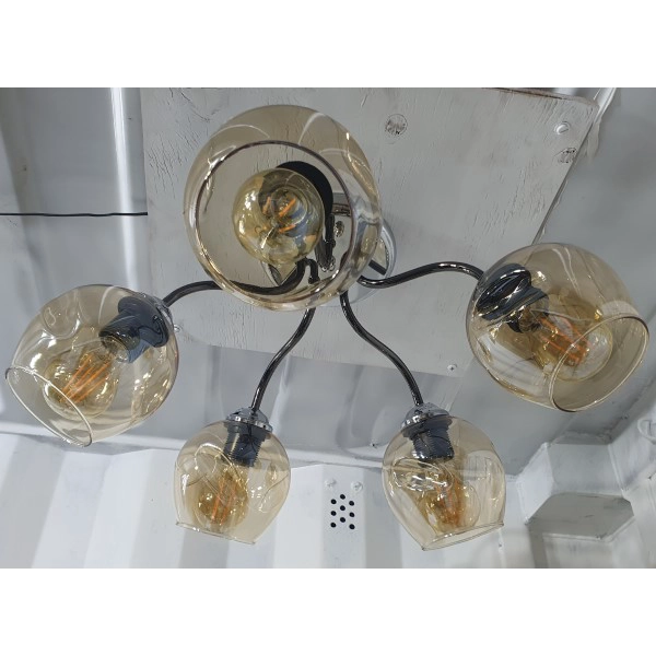 LAMPARA DE TECHO METALICA CROMO OSCURO 5 TULIPAS AMBAR - 6