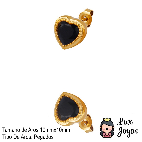 AROS LUX JOYAS BAÑO ORO AMARILLO 18K PEGADOS CORAZÓN CIRCÓN ONIX - 5
