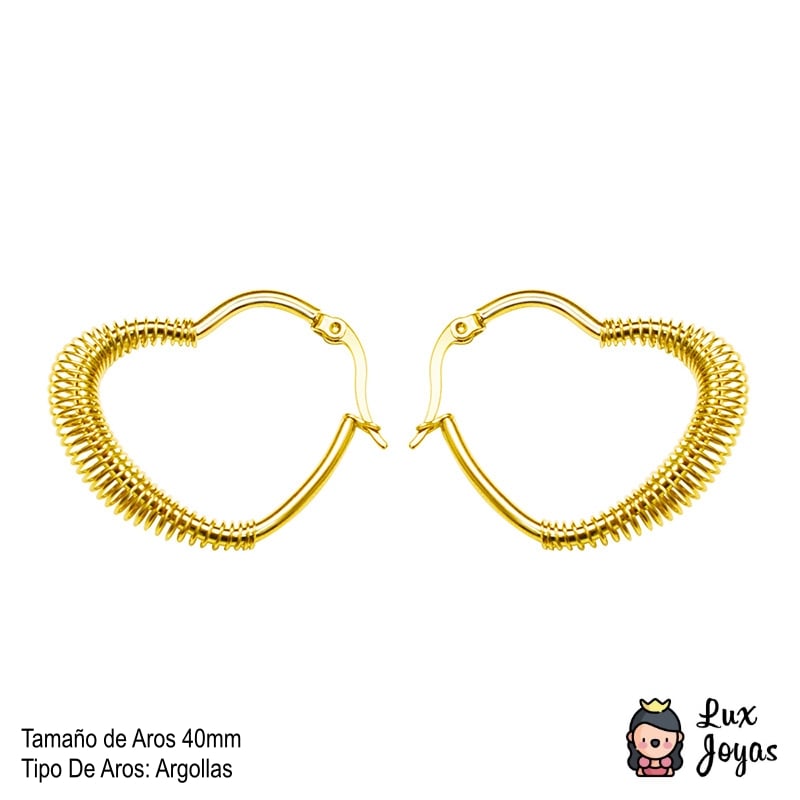 AROS LUX JOYAS BAÑO ORO AMARILLO 18K ARGOLLAS CORAZÓN RESORTE M - 4
