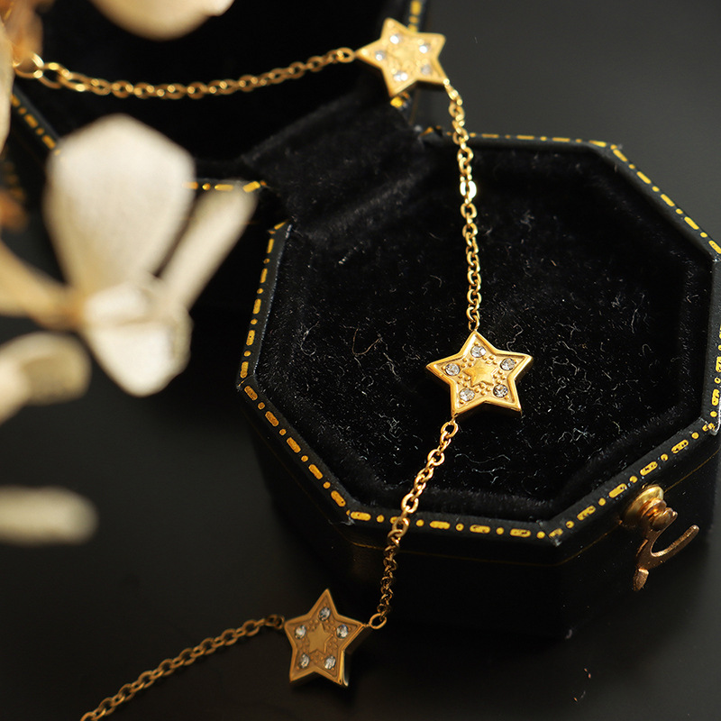 PULSERA LUX JOYAS BAÑO ORO AMARILLO 18K 3 ESTRELLAS CIRCONES - 2
