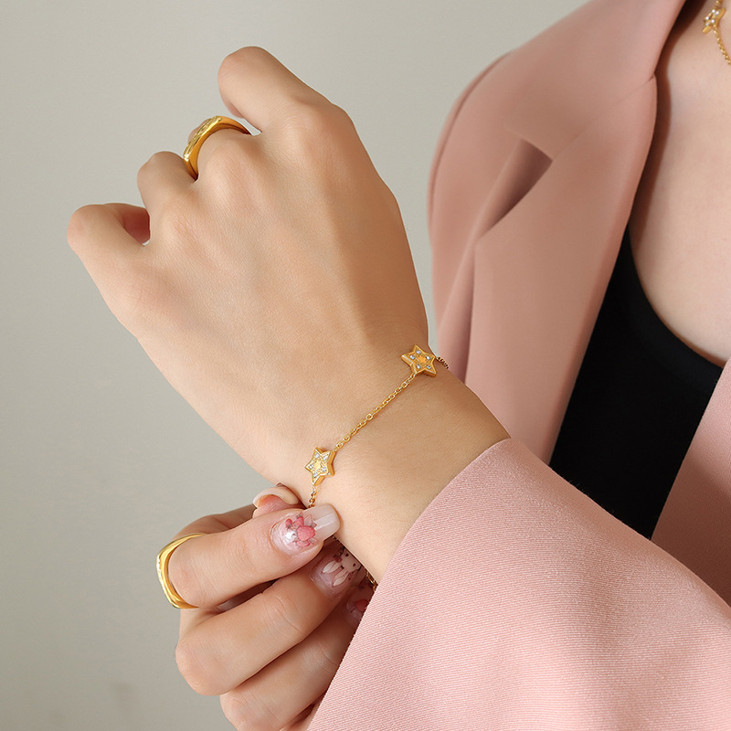 PULSERA LUX JOYAS BAÑO ORO AMARILLO 18K 3 ESTRELLAS CIRCONES - 3