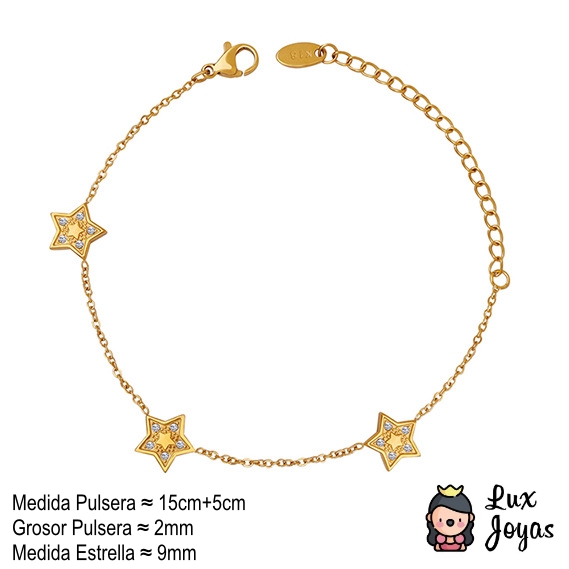 PULSERA LUX JOYAS BAÑO ORO AMARILLO 18K 3 ESTRELLAS CIRCONES - 4