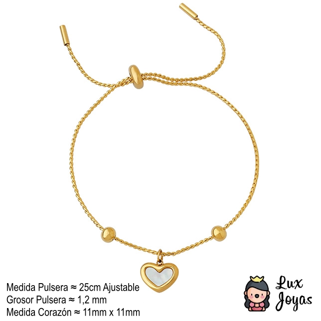 PULSERA LUX JOYAS BAÑO ORO AMARILLO 18K CINTILLO CORAZÓN NÁCAR - 5
