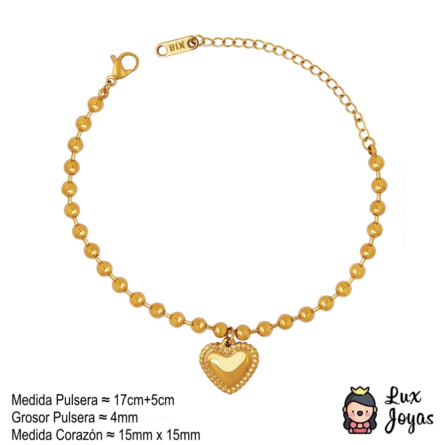 PULSERA BAÑO ORO AMARILLO 18K CORAZON PELOTITAS - 4
