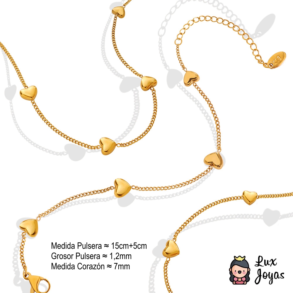 PULSERA BAÑO ORO EN COLOR AMARILLO 18K CORAZONES - 4