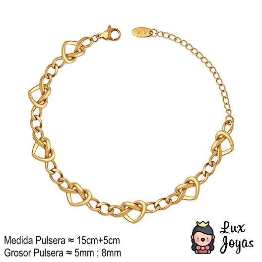 PULSERA BAÑO ORO AMARILLO 18K CADENA CORAZONES - 4