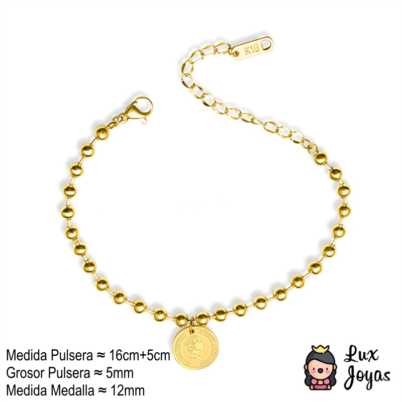 PULSERA LUX JOYAS BAÑO ORO AMARILLO 18K PELOTITAS DISCO REINA - 5