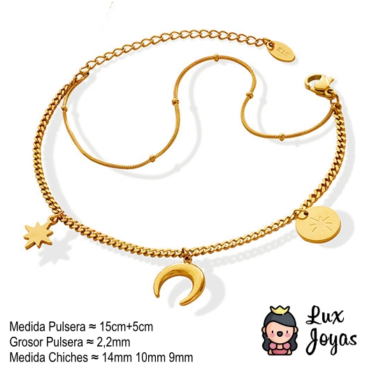 PULSERA BAÑO ORO AMARILLO 18K DOBLE LUNA ESTRELLA MADI - 4
