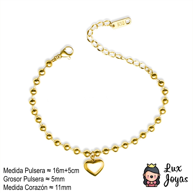PULSERA LUX JOYAS BAÑO ORO AMARILLO 18K PELOTITAS CORAZÓN - 5
