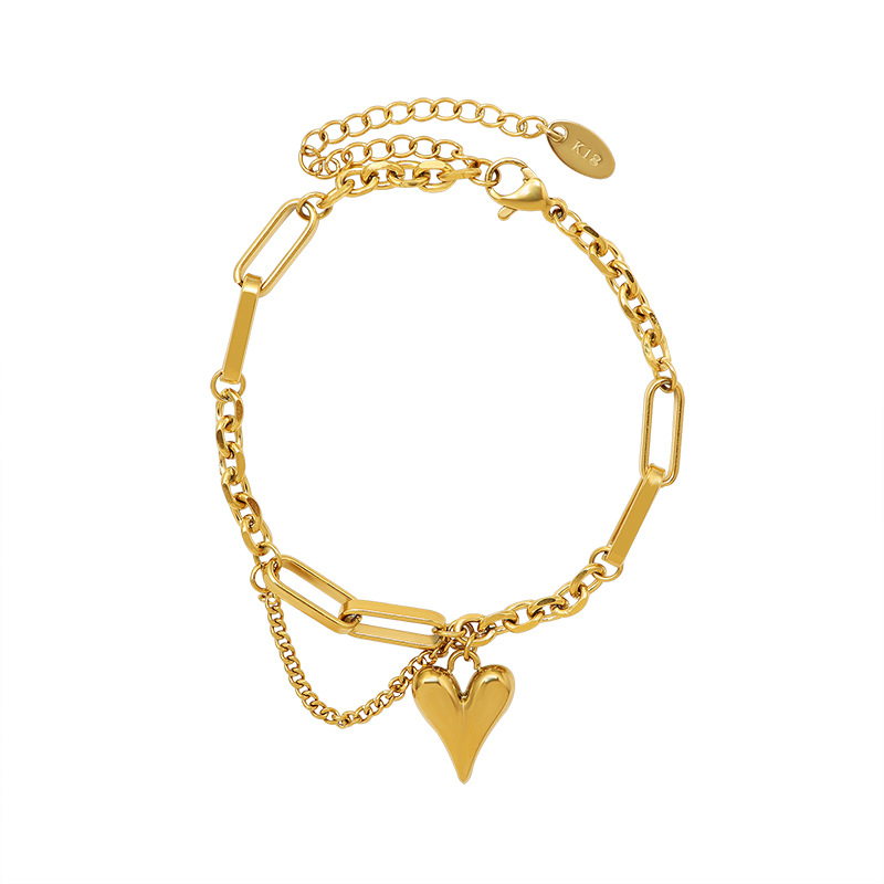 PULSERA BAÑO ORO AMARILLO 18K DOBLE DISEÑO CORAZÓN CADENA - 1