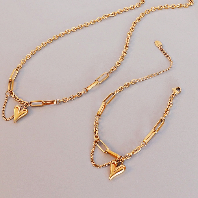 PULSERA BAÑO ORO AMARILLO 18K DOBLE DISEÑO CORAZÓN CADENA - 2