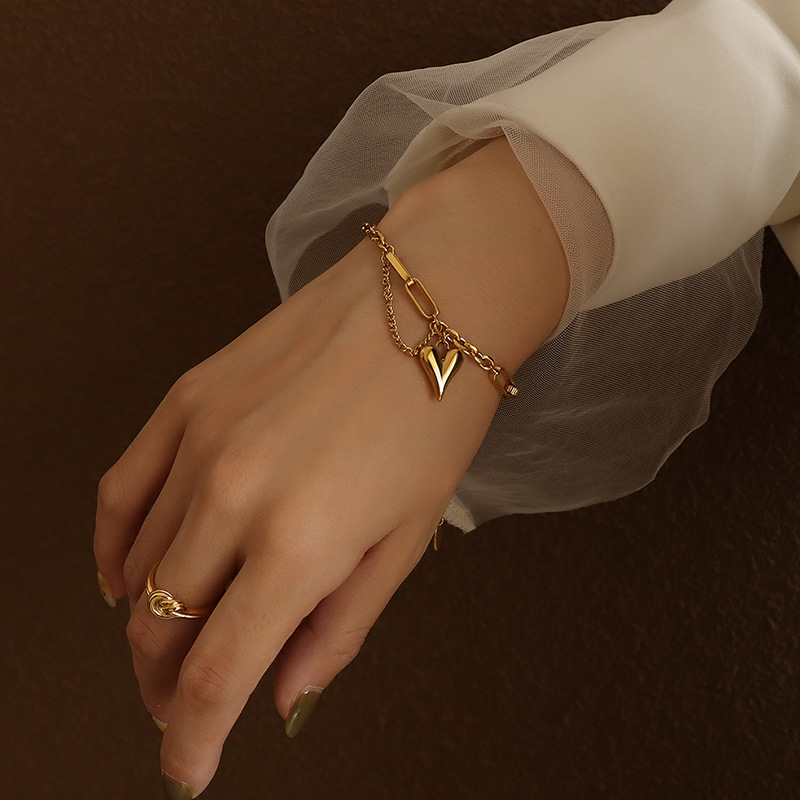 PULSERA BAÑO ORO AMARILLO 18K DOBLE DISEÑO CORAZÓN CADENA - 3