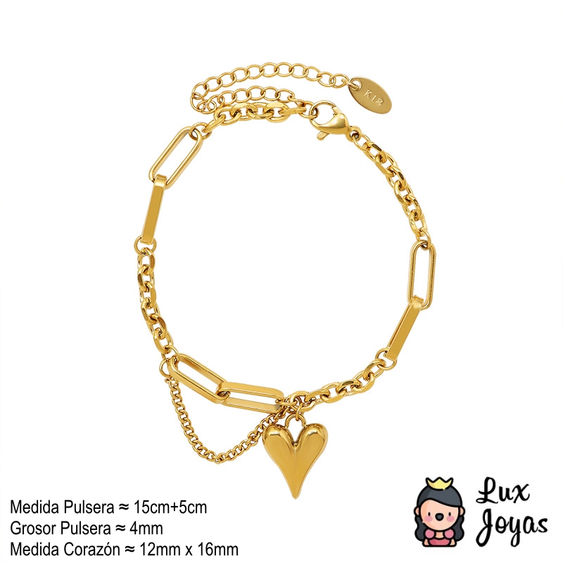 PULSERA BAÑO ORO AMARILLO 18K DOBLE DISEÑO CORAZÓN CADENA - 4