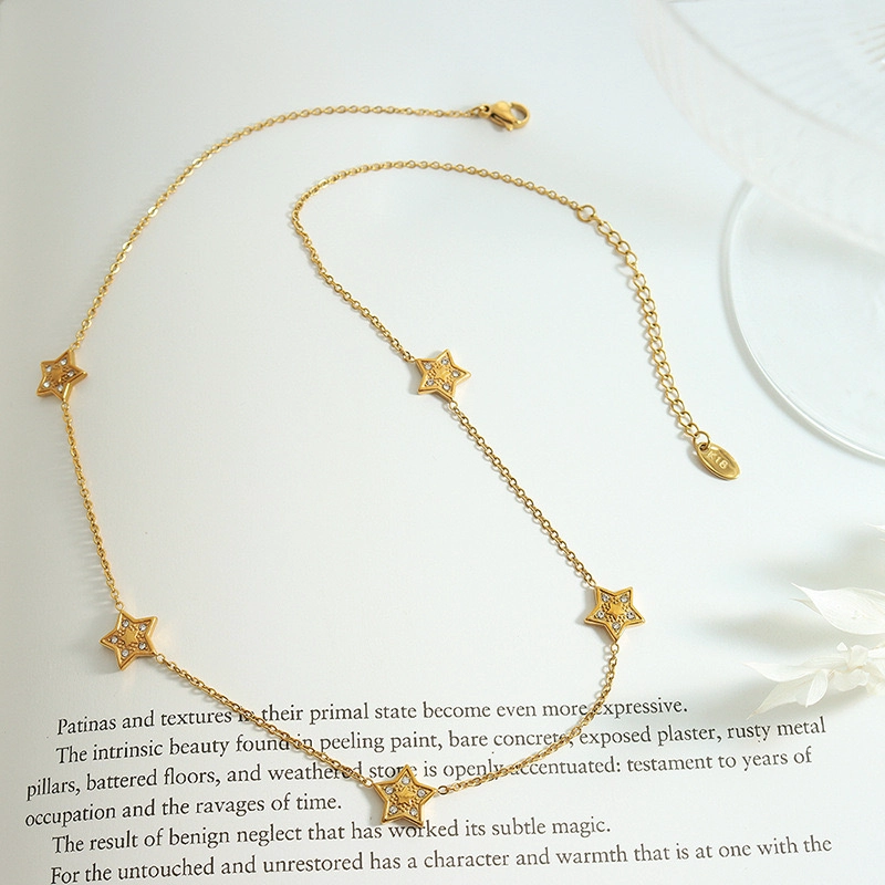 COLLAR LUX JOYAS BAÑO ORO AMARILLO 18K 5 ESTRELLAS CIRCONES - 3