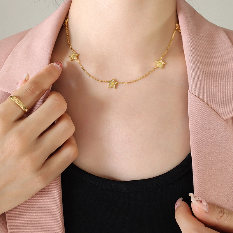COLLAR LUX JOYAS BAÑO ORO AMARILLO 18K 5 ESTRELLAS CIRCONES - 5