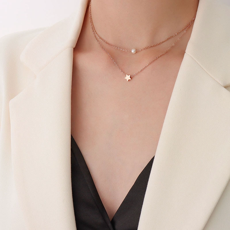COLLAR BAÑO ORO ROSADO 18K DOBLE PERLA ESTRELLA - 3