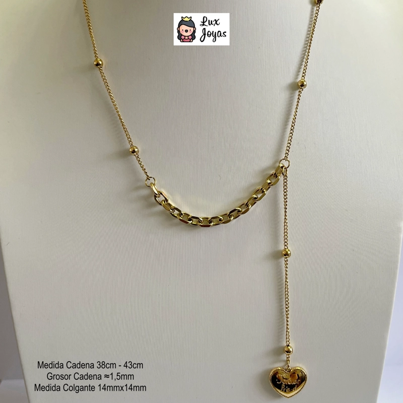 COLLAR LUX JOYAS BAÑO ORO AMARILLO 18K PELOTITAS ALARGUE CORAZÓN - 5
