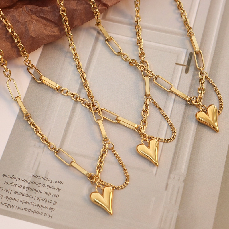 COLLAR LUX JOYAS BAÑO ORO AMARILLO 18K DOBLE DISEÑO CORAZÓN CADENA - 3