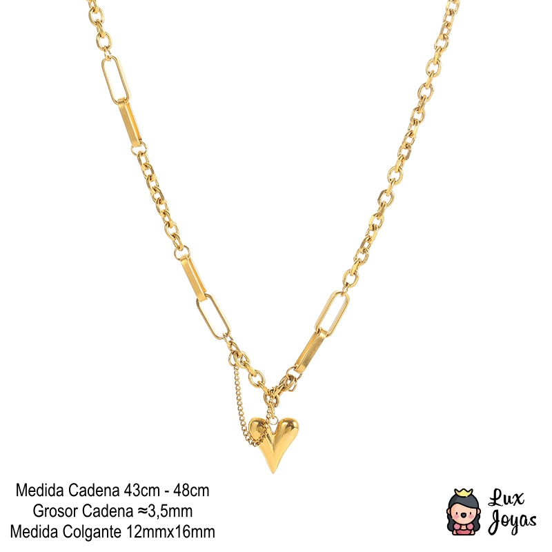 COLLAR LUX JOYAS BAÑO ORO AMARILLO 18K DOBLE DISEÑO CORAZÓN CADENA - 5