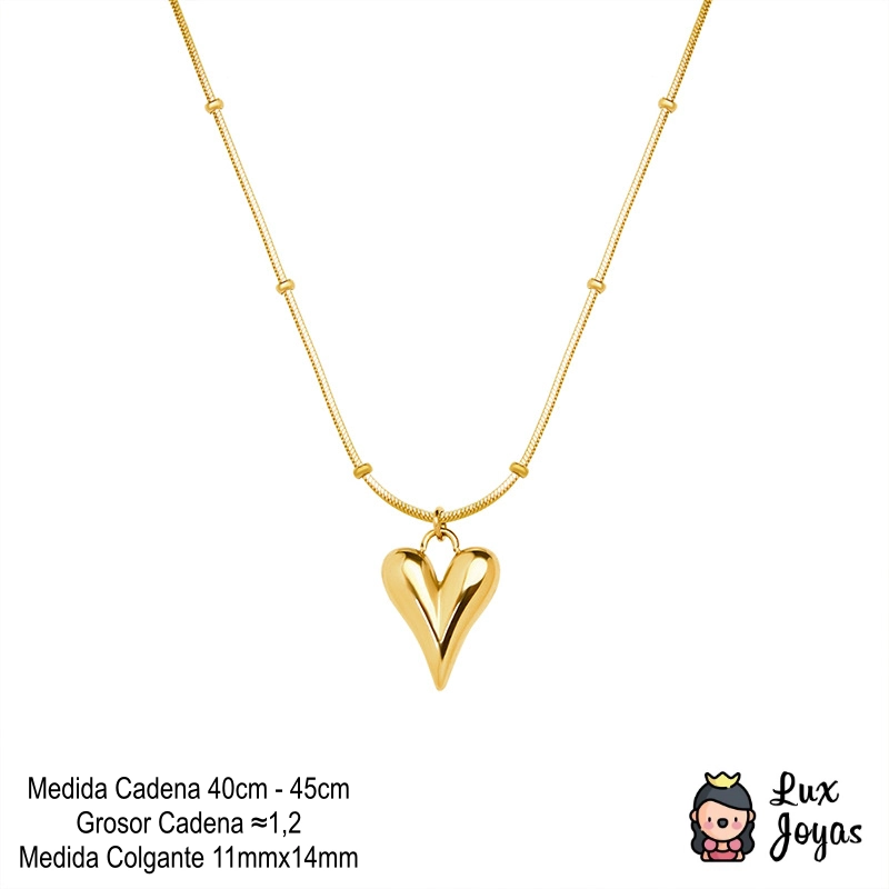 COLLAR LUX JOYAS BAÑO ORO AMARILLO 18K COLA TOPO PELOTITAS CORAZÓN - 7