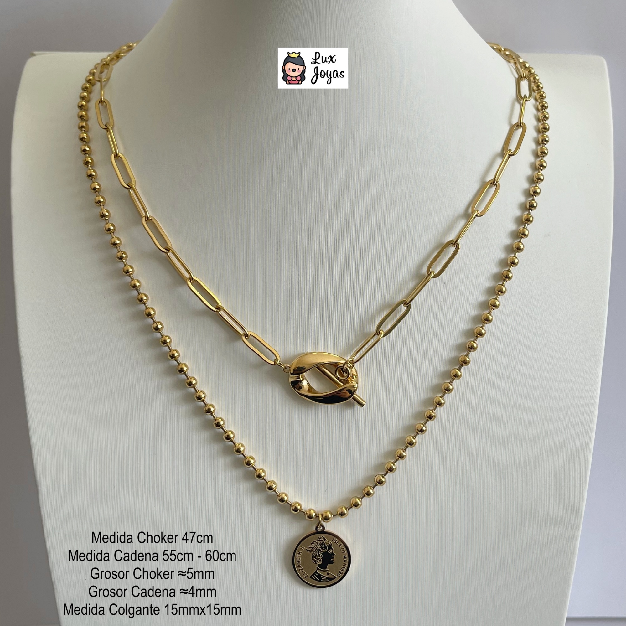 COLLAR BAÑO ORO AMARILLO 18K DOBLE DISEÑO REINA - 4