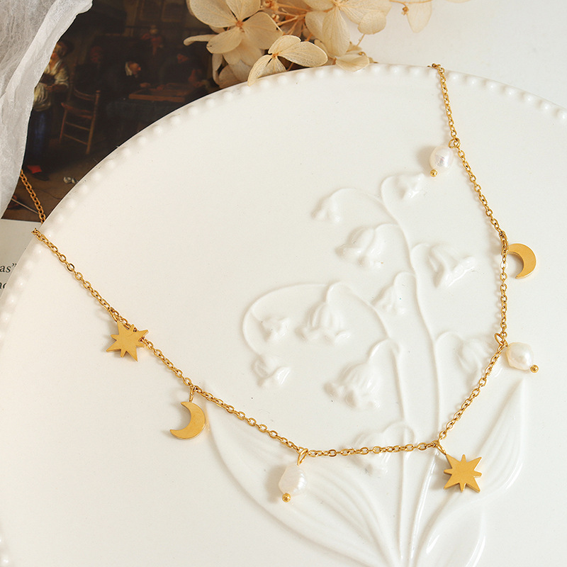 COLLAR BAÑO ORO AMARILLO 18K PERLA LUNA ESTRELLA MADI - 3