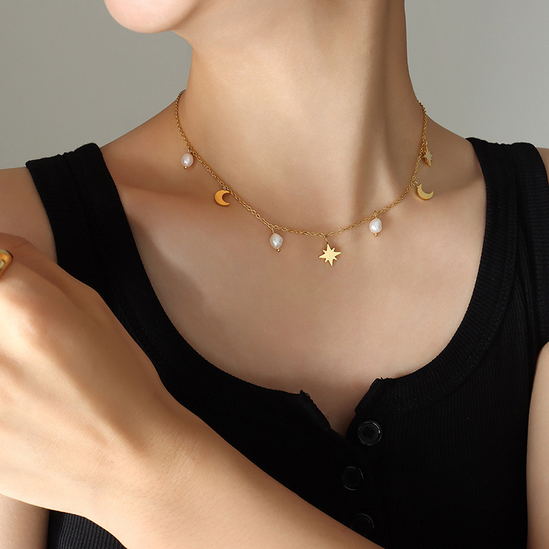 COLLAR BAÑO ORO AMARILLO 18K PERLA LUNA ESTRELLA MADI - 4