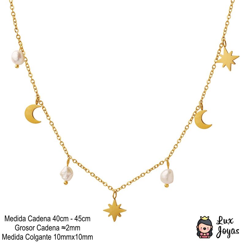 COLLAR BAÑO ORO AMARILLO 18K PERLA LUNA ESTRELLA MADI - 5