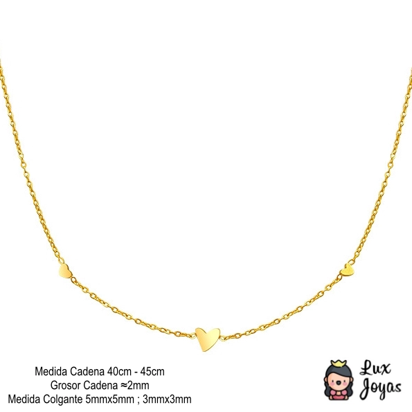 COLLAR LUX JOYAS BAÑO ORO AMARILLO 18K CORAZÓN CHEC TRIPLE - 7