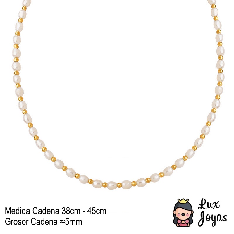 COLLAR LUX JOYAS BAÑO ORO AMARILLO 18K PERLAS AGUA DULCE PELOTITAS - 7