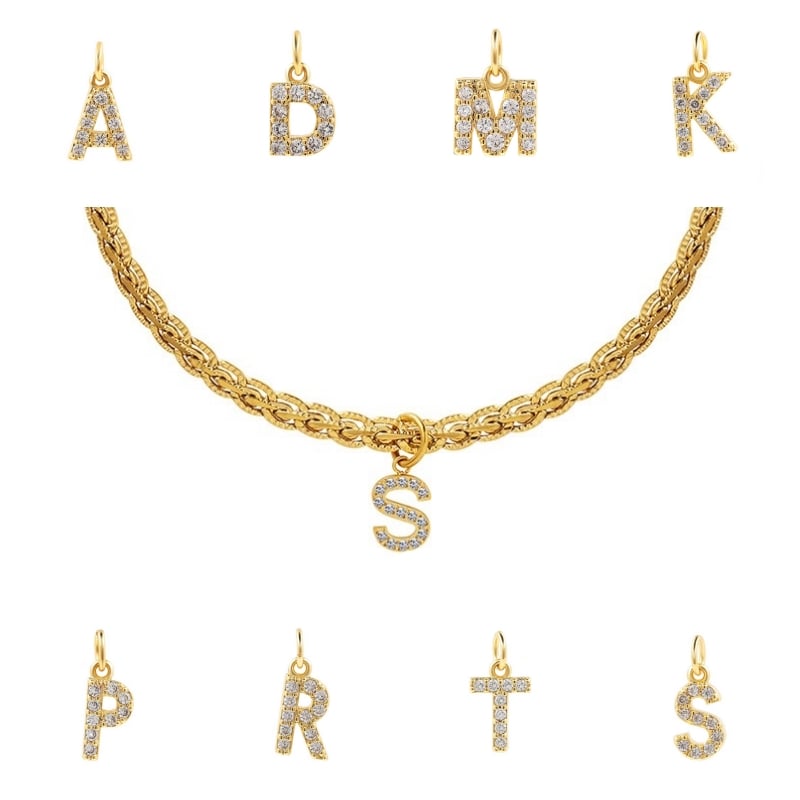 COLLAR LUX JOYAS BAÑO ORO 18K LETRA INICIAL F BRILLITOS TEJIDO DRAGÓN - 1