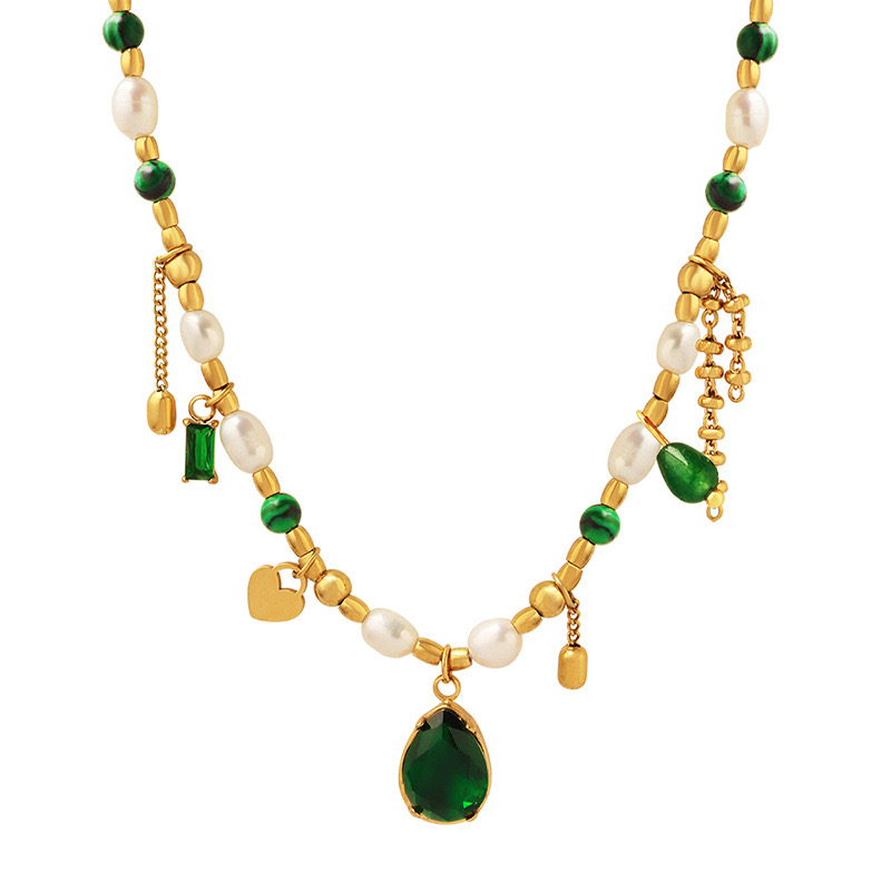 COLLAR BAÑO ORO 18K TURQUESA PERLA ESMERALDA - 1