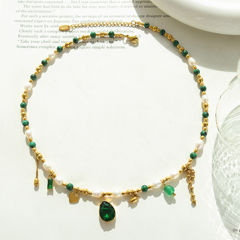 COLLAR BAÑO ORO 18K TURQUESA PERLA ESMERALDA - 2