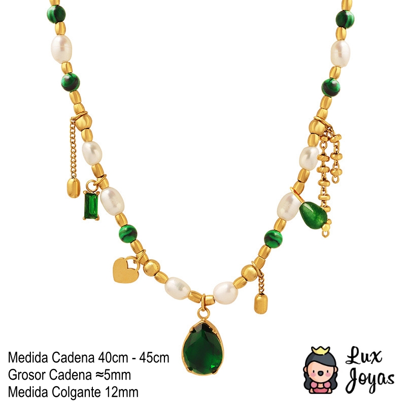 COLLAR BAÑO ORO 18K TURQUESA PERLA ESMERALDA - 5