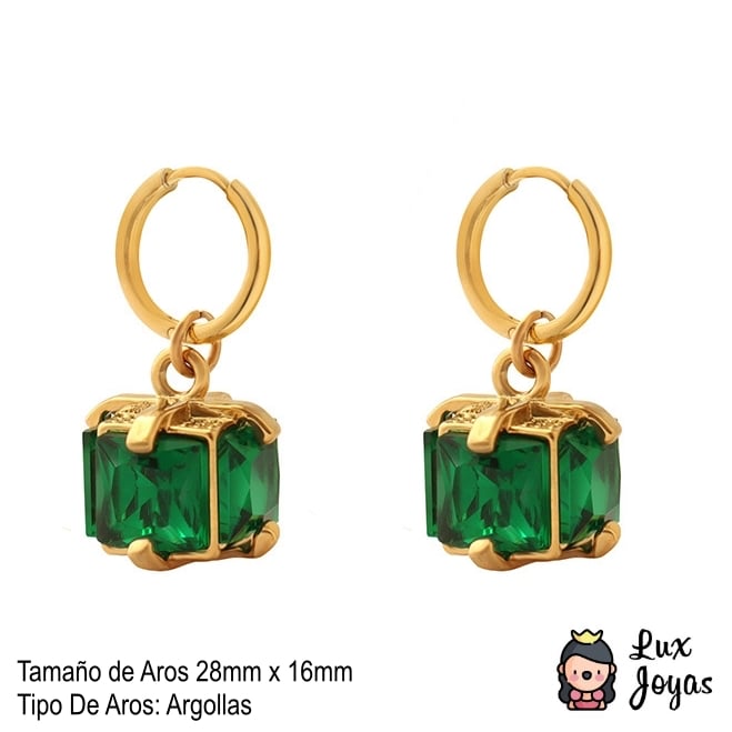 AROS BAÑO ORO 18K ARGOLLA CUBO ESMERALDA - 5