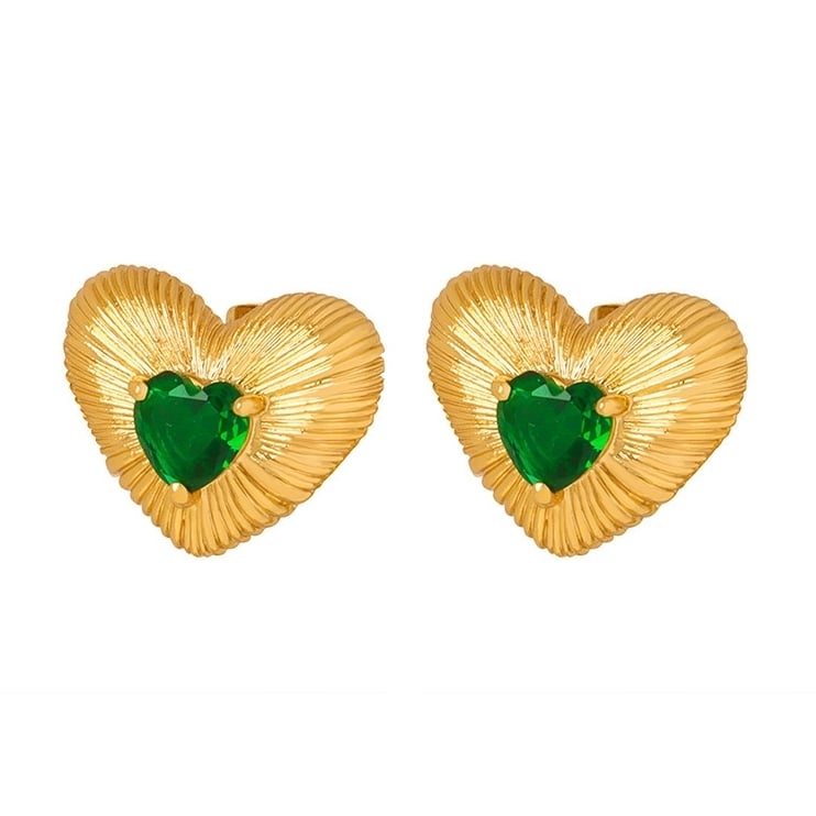 AROS BAÑO ORO 18K CORAZÓN CEPILLADO CIRCÓN ESMERALDA - 1