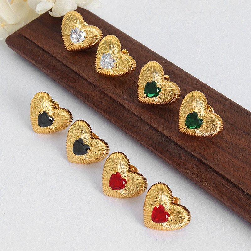 AROS BAÑO ORO 18K CORAZÓN CEPILLADO CIRCÓN ESMERALDA - 3