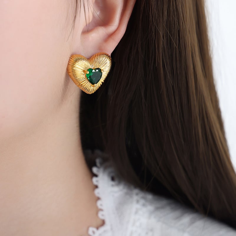 AROS BAÑO ORO 18K CORAZÓN CEPILLADO CIRCÓN ESMERALDA - 4