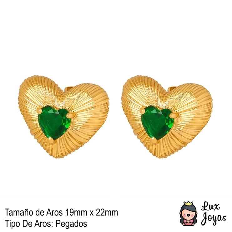 AROS BAÑO ORO 18K CORAZÓN CEPILLADO CIRCÓN ESMERALDA - 5
