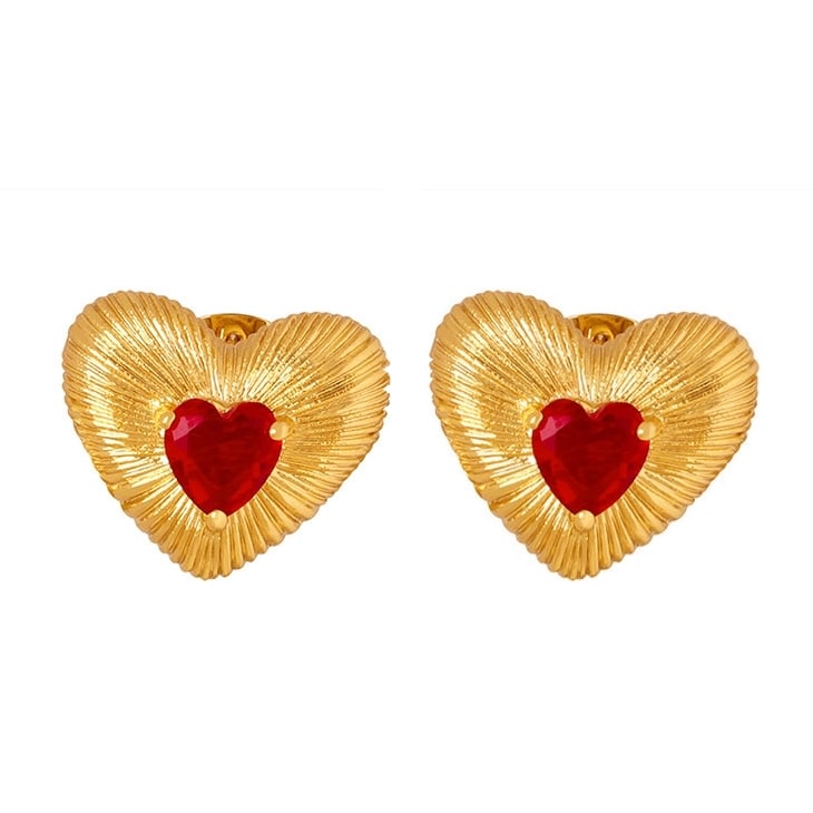 AROS BAÑO ORO 18K CORAZÓN CEPILLADO CIRCÓN RUBÍ - 1