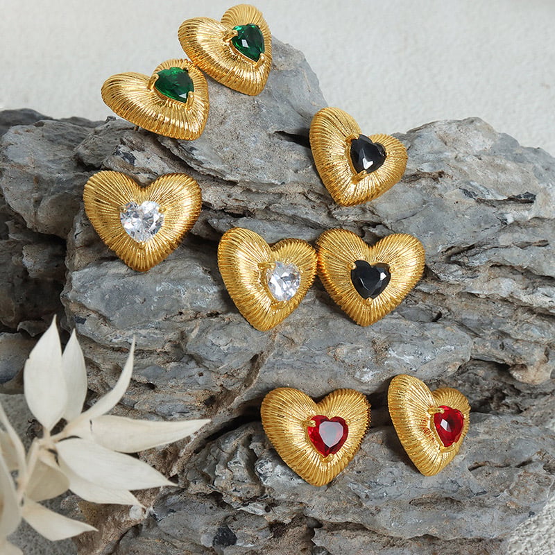 AROS BAÑO ORO 18K CORAZÓN CEPILLADO CIRCÓN RUBÍ - 2