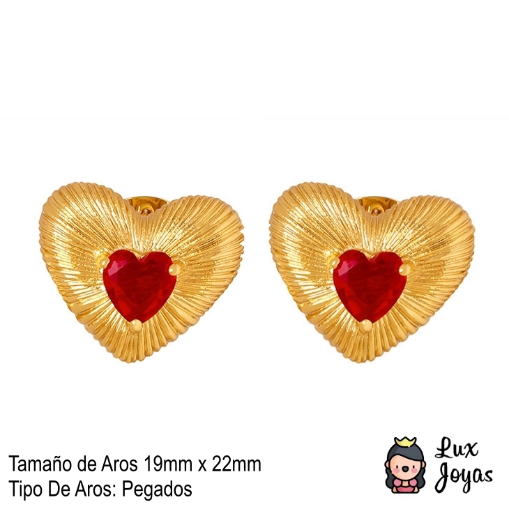 AROS BAÑO ORO 18K CORAZÓN CEPILLADO CIRCÓN RUBÍ - 5
