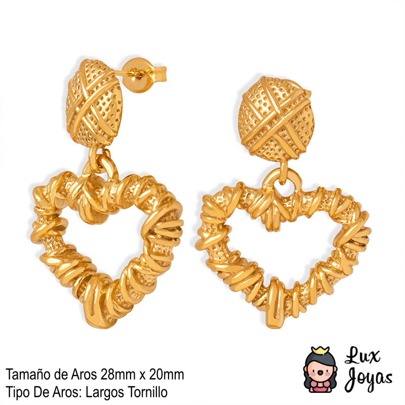 AROS LUX JOYAS BAÑO ORO 18K LARGOS CORAZÓN ENREDADO - 4