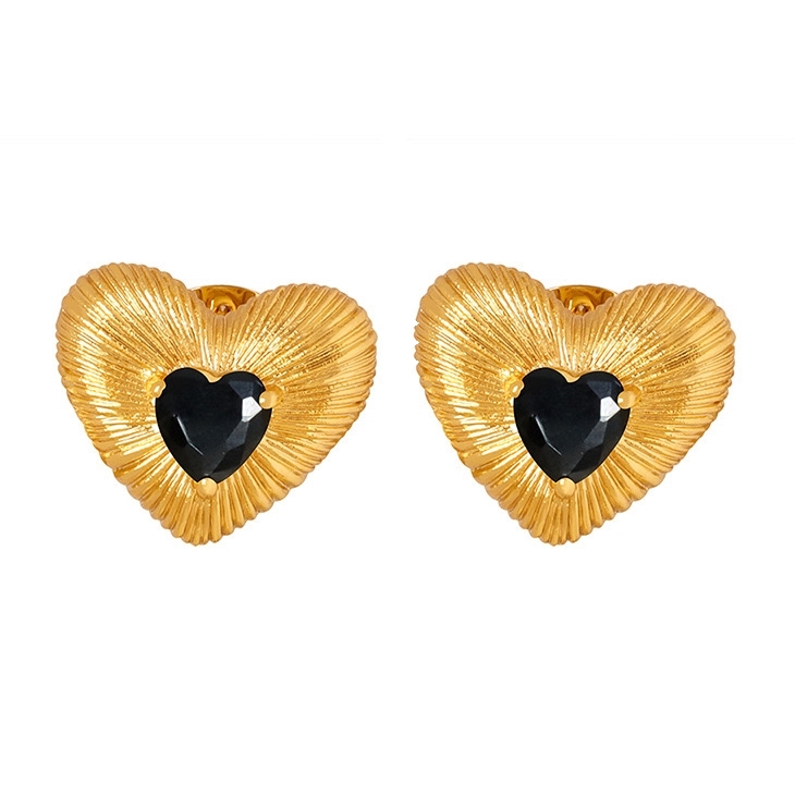 AROS BAÑO ORO 18K CORAZÓN CEPILLADO CIRCÓN ONIX - 1