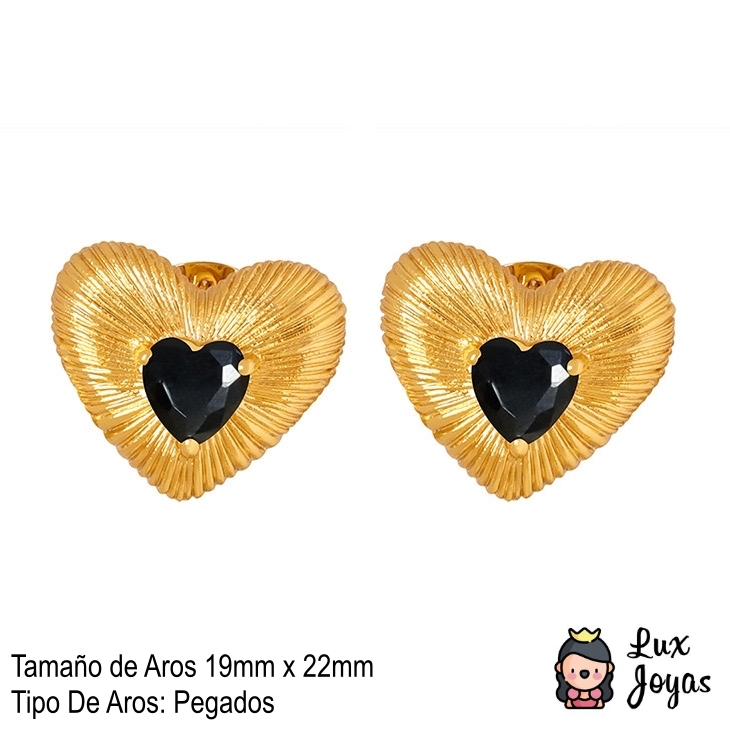 AROS BAÑO ORO 18K CORAZÓN CEPILLADO CIRCÓN ONIX - 5