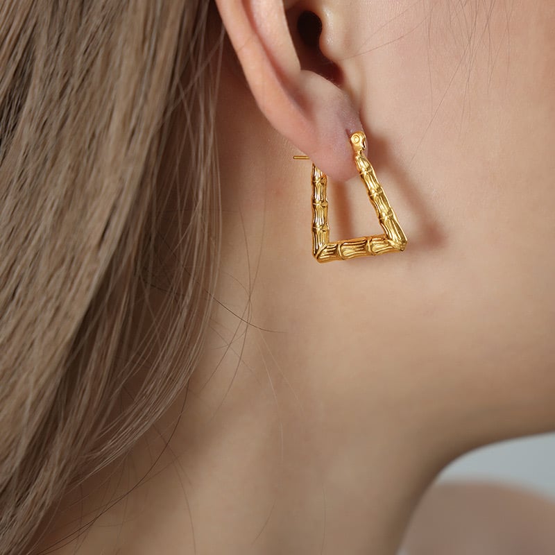 AROS LUX JOYAS BAÑO ORO 18K ARGOLLAS BAMBOO TRIANGULAR - 3