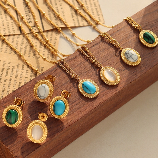 AROS LUX JOYAS BAÑO ORO 18K PELOTITAS PIEDRA MALAQUITA - 2