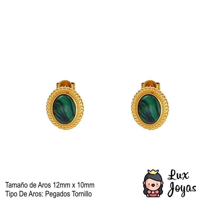 AROS LUX JOYAS BAÑO ORO 18K PELOTITAS PIEDRA MALAQUITA - 4