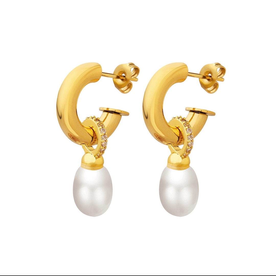 AROS BAÑO ORO 18K ARGOLLAS TUBO PERLA BRILLITOS - 1